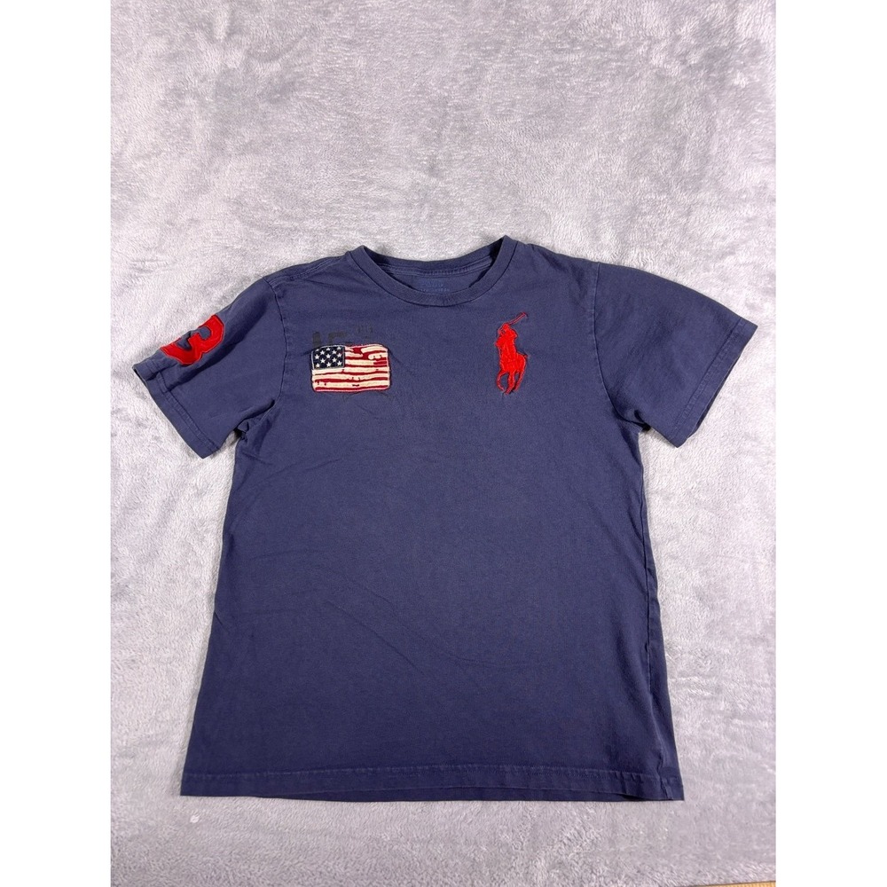 Polo Ralph Lauren American Flag T-Shirt Boys M Blue Embroidered Big Pony Logo
